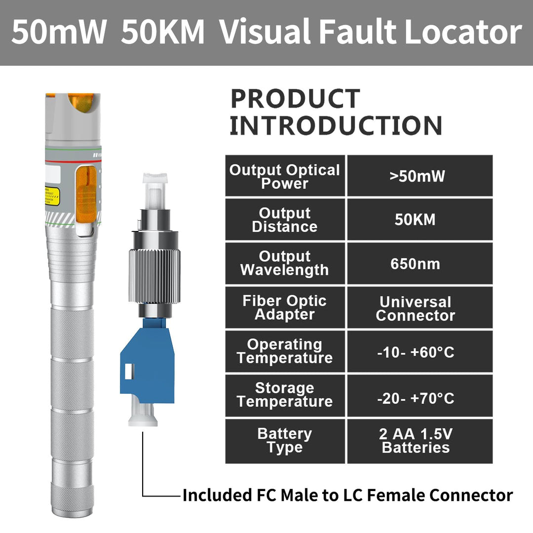 50-km-Glasfaser-Visueller Fehlerlokalisierer mit FC/LC-Adapter-Kit, VFL inklusive Singlemode 9/125 µ