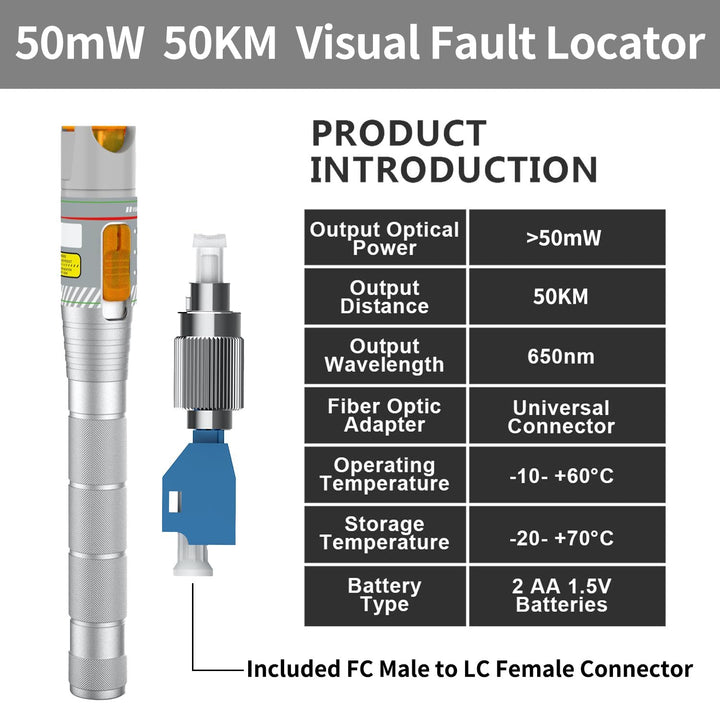 50-km-Glasfaser-Visueller Fehlerlokalisierer mit FC/LC-Adapter-Kit, VFL inklusive Singlemode 9/125 µ