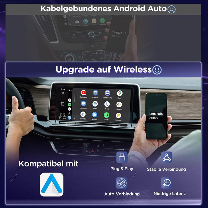 Android Auto Wireless Adapter U2AC-L9, 2025 Mini Car Dongle für kabelgebundenes Android Auto, USB A/