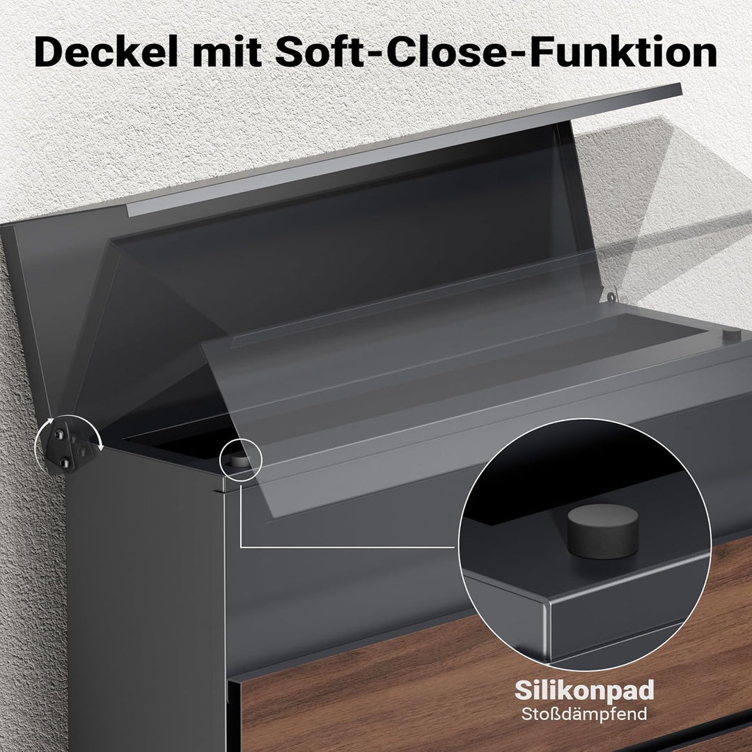 Toboli Briefkasten V63 Anthrazit und Holzdesign 410 x 130 x 370 mm, Wandbriefkasten mit Schloss, Sof