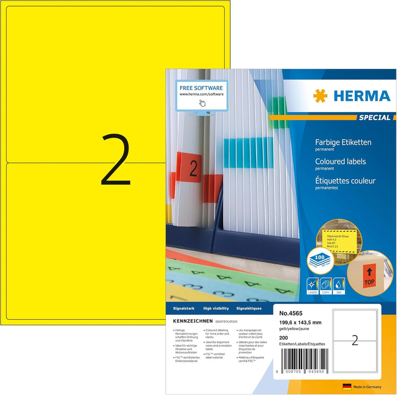 HERMA 4565 Farbige Etiketten gelb, 100 Blatt, 199,6 x 143,5 mm, 2 Stück pro A4 Bogen, 200 Aufkleber,