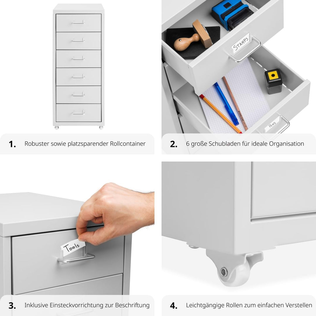 tectake® Metall Rollcontainer, Büromöbel für Schreibtisch, Büro Organizer mit 6 Schubladen, Schublad