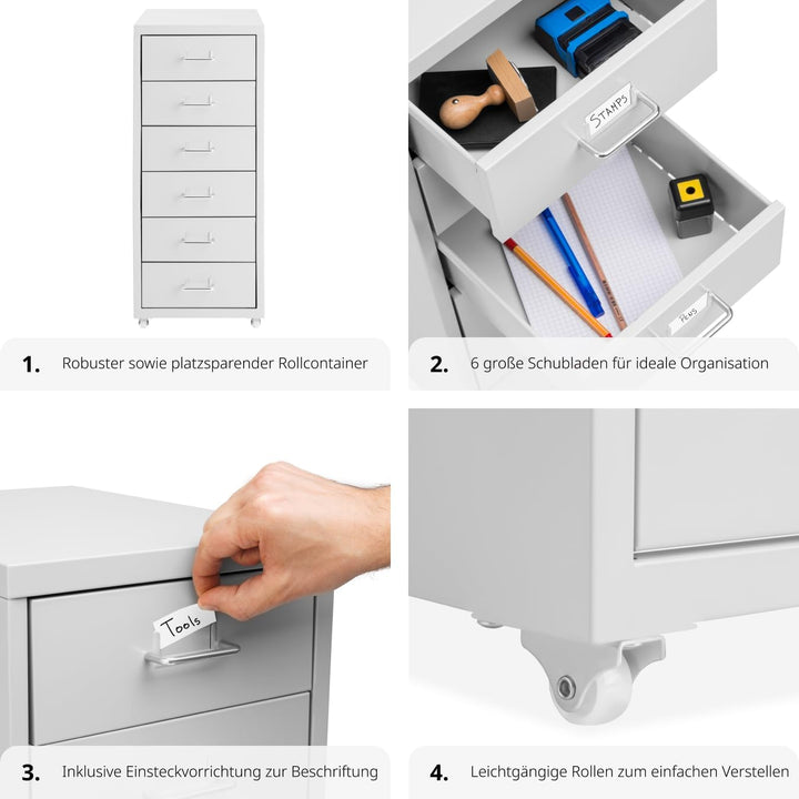 tectake® Metall Rollcontainer, Büromöbel für Schreibtisch, Büro Organizer mit 6 Schubladen, Schublad
