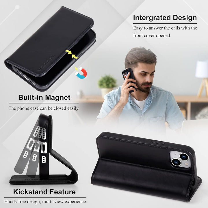 VISOUL Hülle für iPhone 14, Schutzhülle [Erstklassiges Rindsleder] [Schützt vor Stoss] [Kartenfach]