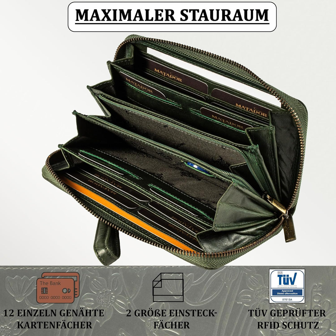 MATADOR Grosse Damen/Frauen Geldbörse TÜV Geprüfter RFID Schutz Portemonnaie Echt Leder Geldtasche u