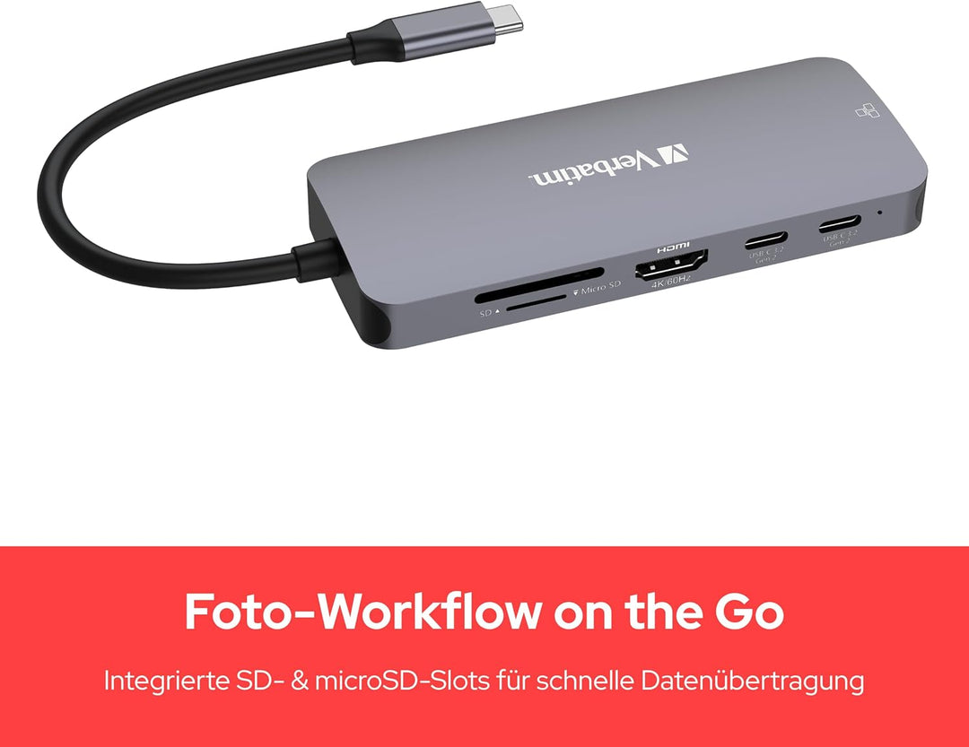Verbatim USB C Hub 9-in-1, Multiport Adapter USB-C auf HDMI, RJ45, USBA-A und USB-C, mit SD Kartenle
