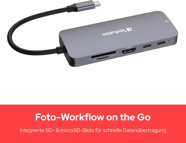 Verbatim USB C Hub 9-in-1, Multiport Adapter USB-C auf HDMI, RJ45, USBA-A und USB-C, mit SD Kartenle