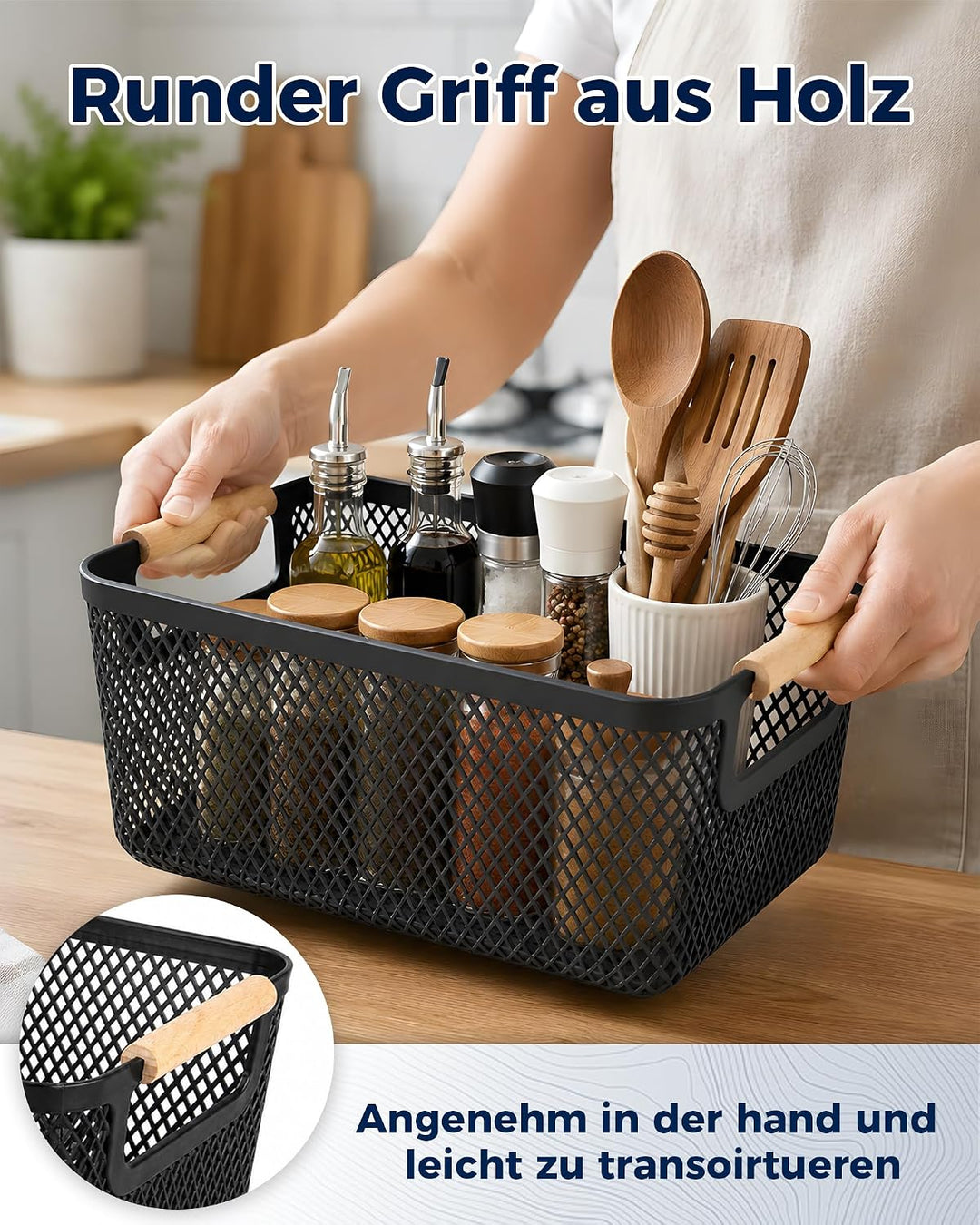 Aufbewahrungsbox Kunststoff Schwarz 6er Set, Kunststoff-Netzkörbe mit Holzgriff, offene Organizer Bo