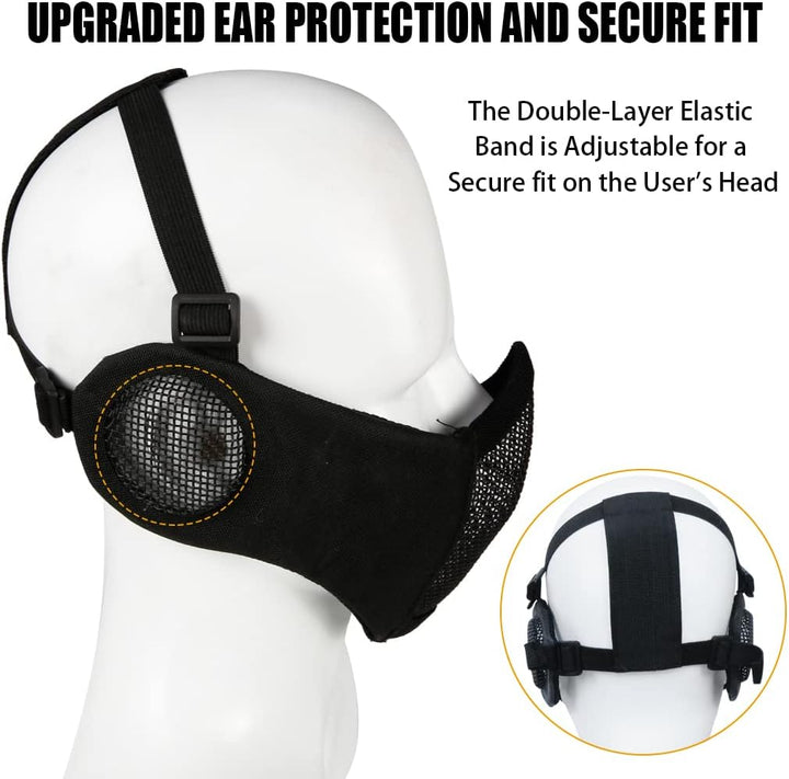 Hodeacc Airsoft-Maske und Brille, Halbgesichtsmaske aus Metallgeflecht, mit Ohrenschutz, Anti-UV-Air