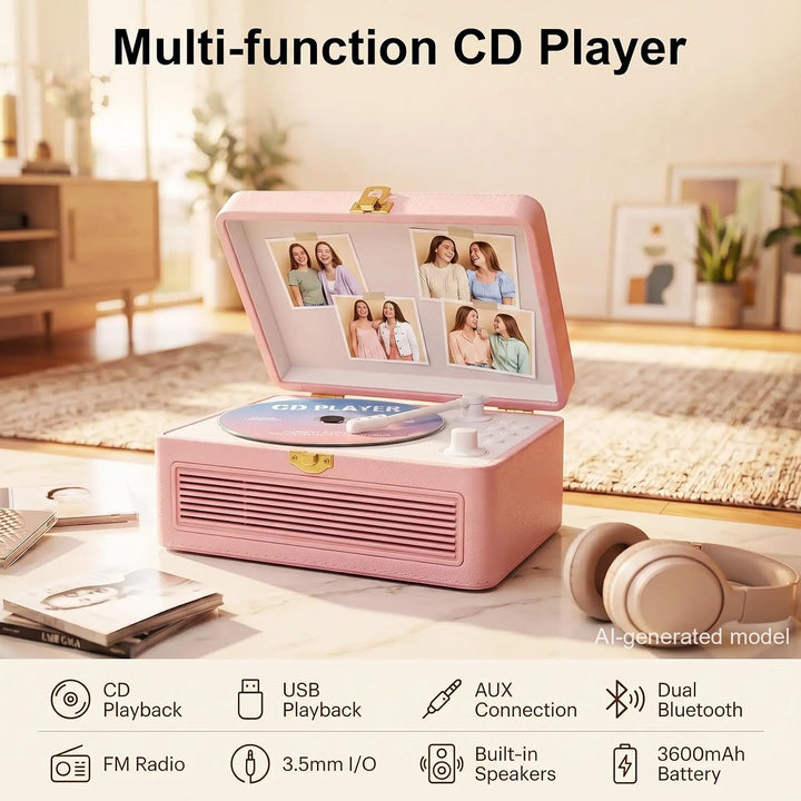 Gueray Tragbarer Bluetooth CD-Player mit Lautsprechern 3600mAh Wiederaufladbarer Vintage CD Spieler