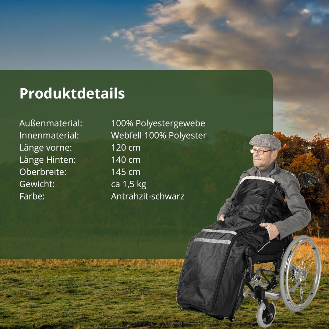 Rollstuhlsack Schwarz mit Webpelz gefüttert mit Anti Rursch Noppen & Regenponcho