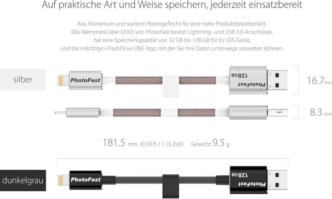 PhotoFast MCG3U3BK64GB Memories Kabel 3G Ladekabel, 18 cm grau