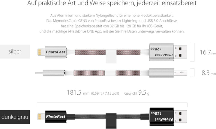 PhotoFast MCG3U3BK64GB Memories Kabel 3G Ladekabel, 18 cm grau