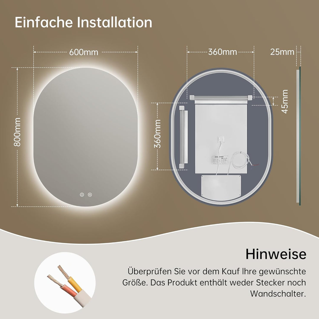 Spiegel mit Beleuchtung Oval LED Badspiegel 60 x 80 cm mit Touch-Schalter, Dimmbar 3 Lichtfarbe Eins