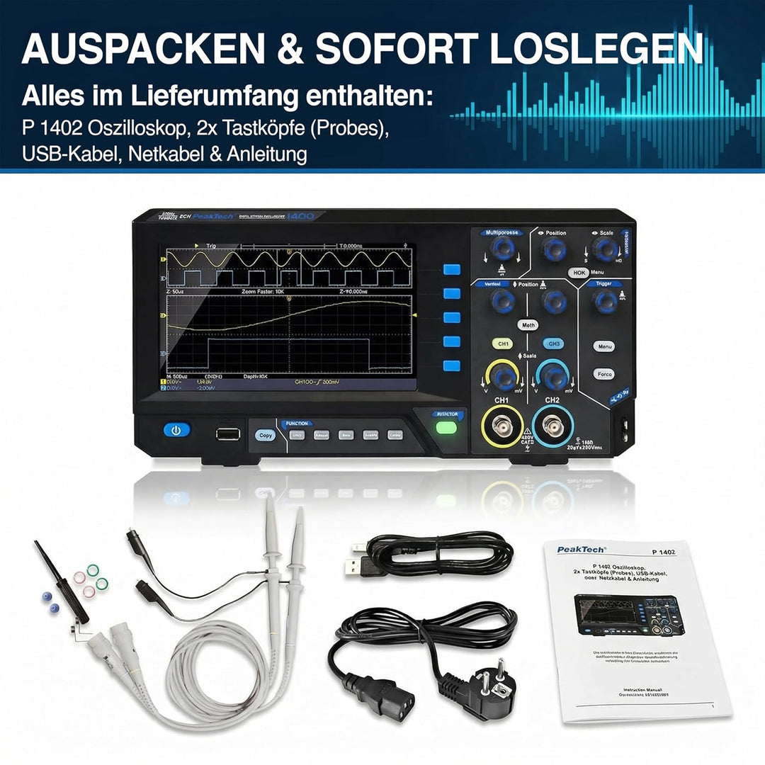 PeakTech 1402, Digital Speicher Oszilloskop, 2 Kanal, 20 MHz, 250 MS/s, USB Schnittstelle, PC Softwa