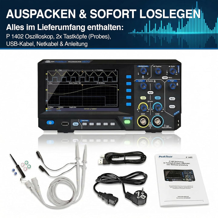 PeakTech 1402, Digital Speicher Oszilloskop, 2 Kanal, 20 MHz, 250 MS/s, USB Schnittstelle, PC Softwa