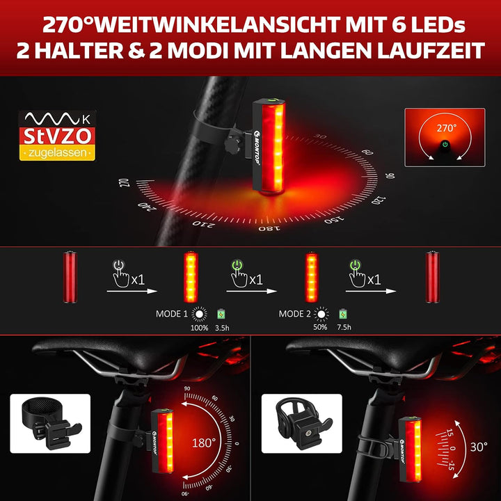 MONTOP StVZO Zugelassen Fahrradlicht Set 100LUX Super Hell LED Fahrradbeleuchtung USB Akku Fahrradla