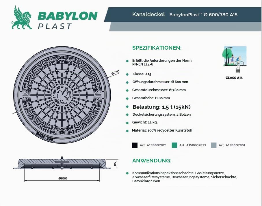 BABYLONPLAST Schachtabdeckung, Kanaldeckel DN600/780, Deckel Kunststoff Schachtdeckel A15, mit Siche