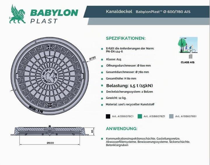 BABYLONPLAST Schachtabdeckung, Kanaldeckel DN600/780, Deckel Kunststoff Schachtdeckel A15, mit Siche