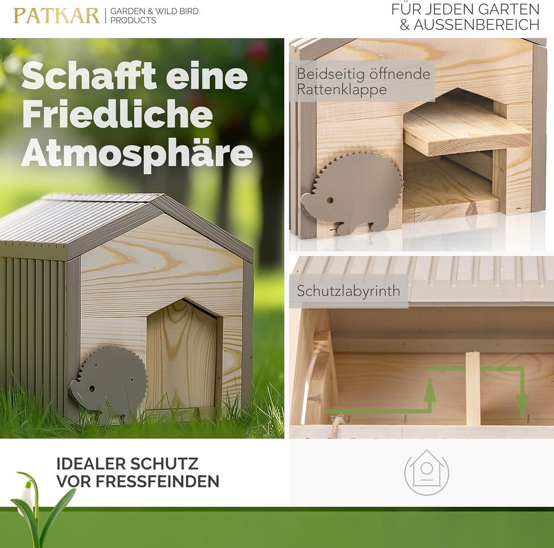 PATKAR Igelhaus Winterfest mit Boden [SCHÜTZT VOR FRESSFEINDEN] - Premium Igelfutterhaus (Made in Eu