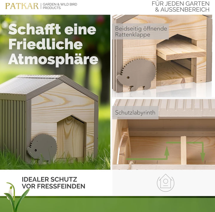 PATKAR Igelhaus Winterfest mit Boden [SCHÜTZT VOR FRESSFEINDEN] - Premium Igelfutterhaus (Made in Eu