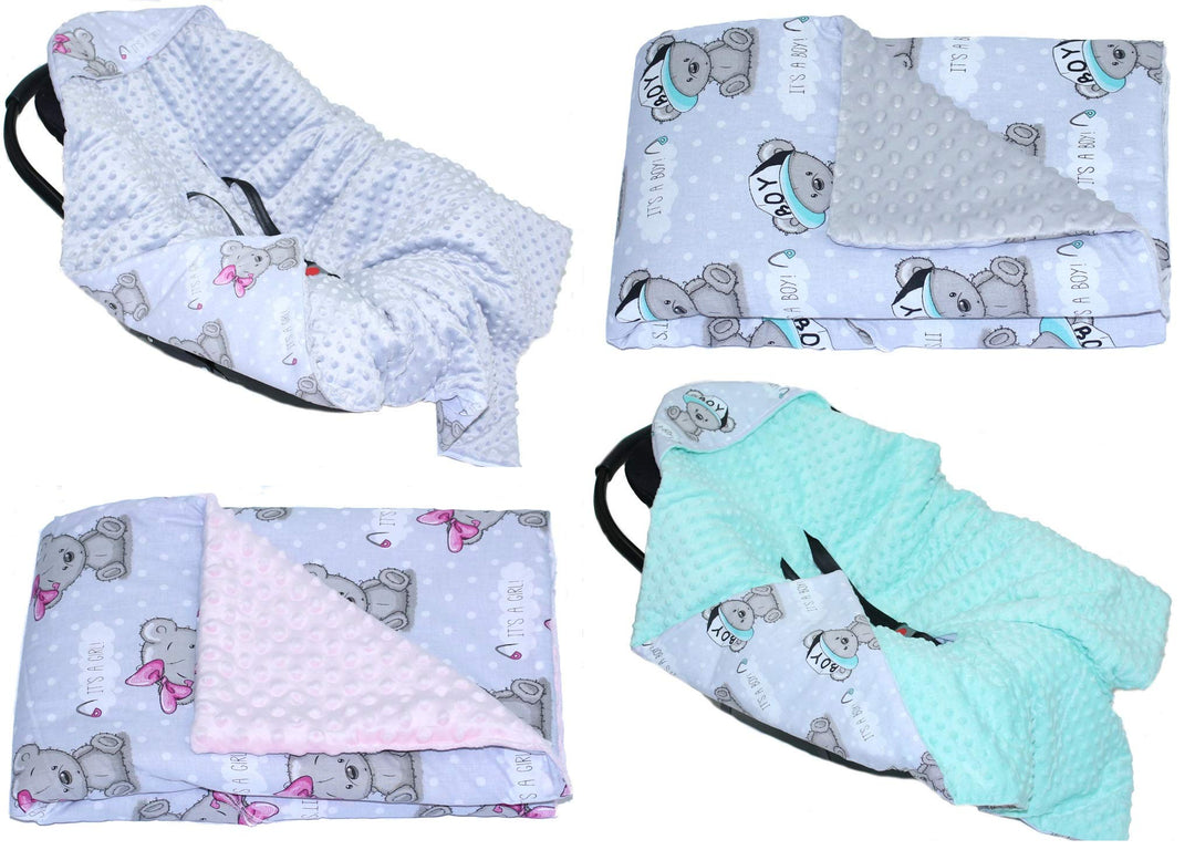 Baby Einschlagdecke MINKY - BOY GIRL - mit Kapuze 90x90 cm Babyschale Decke (GIRL + ROSA), Girl + Ro