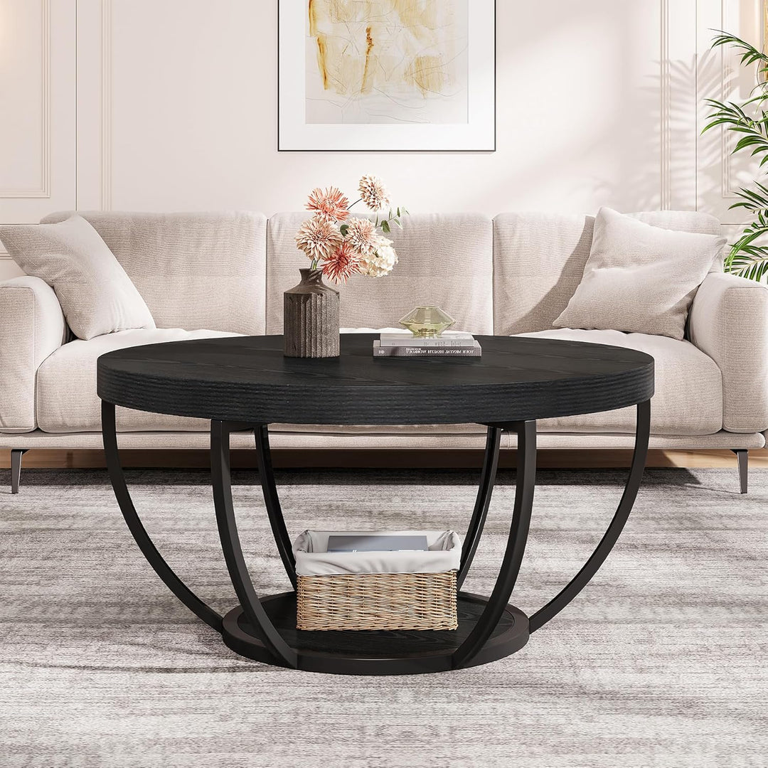 Tribesigns Couchtisch rund Ø80 cm, Industrial 2-Tier-Kreis Couchtisch mit Stauraum, Holztisch Akzent