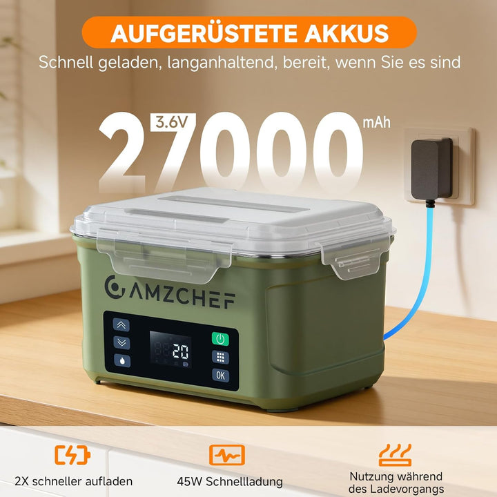 AMZCHEF Elektrische Lunchbox mit 27000 mAh Akku - Tragbare 1.5L Beheizbare Lunchbox mit 5-seitiger E