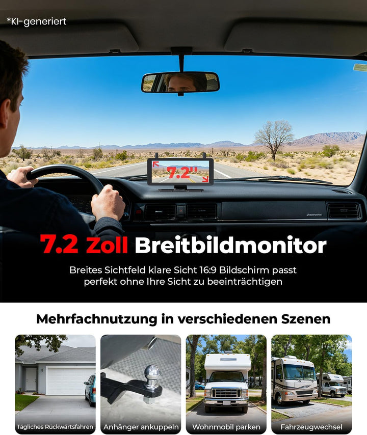 Solar Rückfahrkamera Kabellose 7,2 Zoll 1080P HD : Split Screen Monitor mit Starkem Signal Schnelle