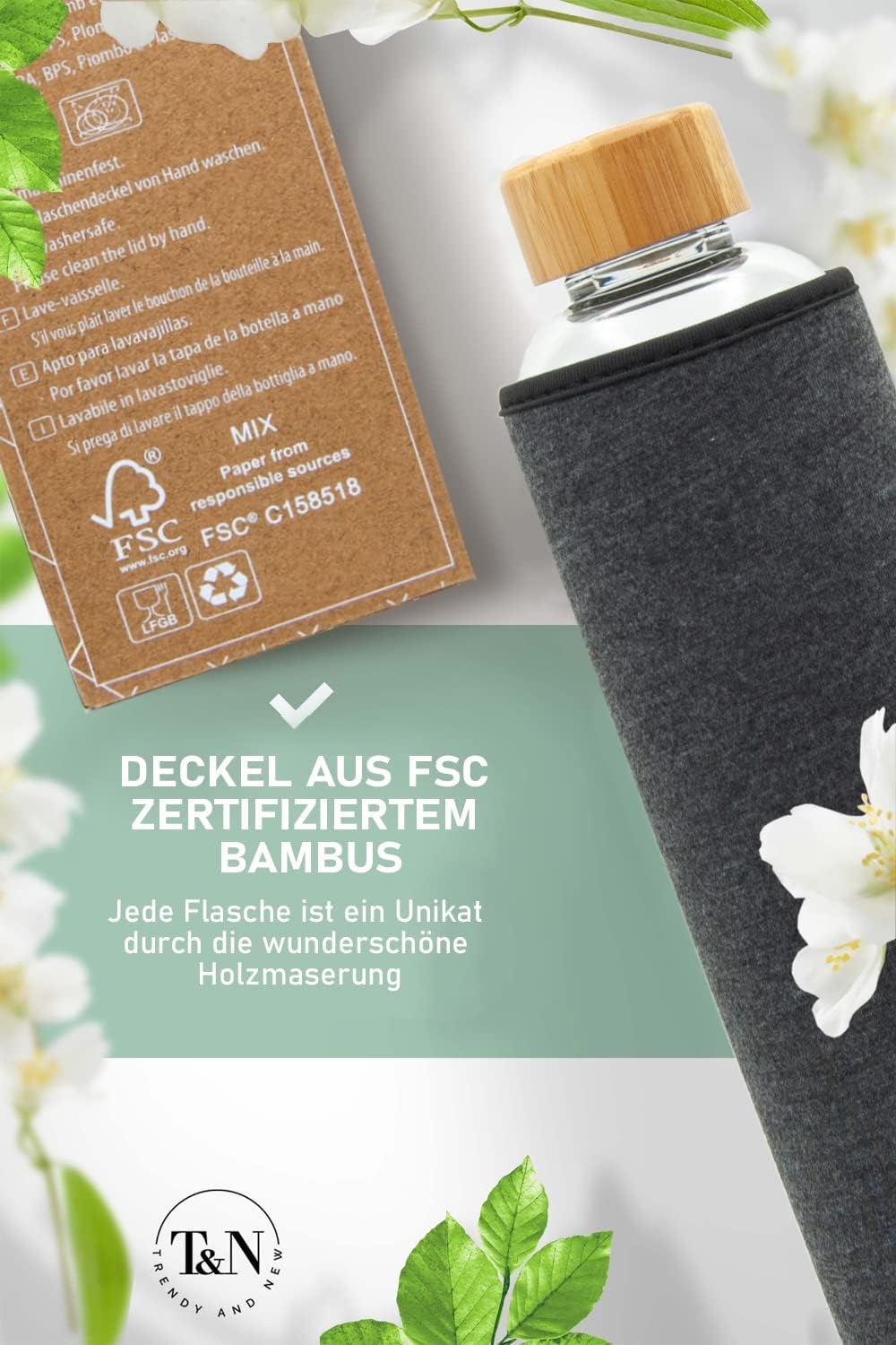 T&N Glasflasche 1 Liter – Trinkflasche Glas 1l mit Neoprenhülle – Wasserflasche Auslaufsicher – Glas