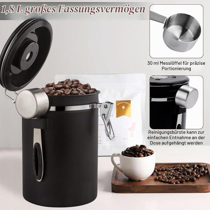 Kaffeedose Luftdicht aus Edelstahl 1,8L, Kaffee Dose Behälter mit Löffel，Bürste und Zeiterfassung Sp