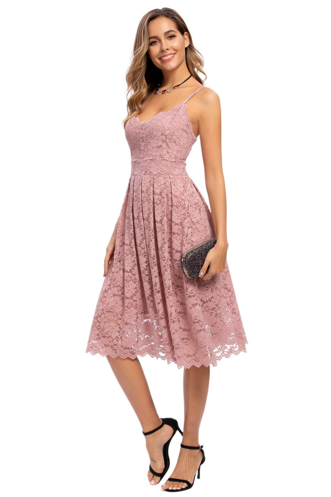 Atnlewhi Damen Vintage ärmellosen V-Ausschnitt A-Linie Kleid Blumen Knielang Spitzenkleid Brautjungf