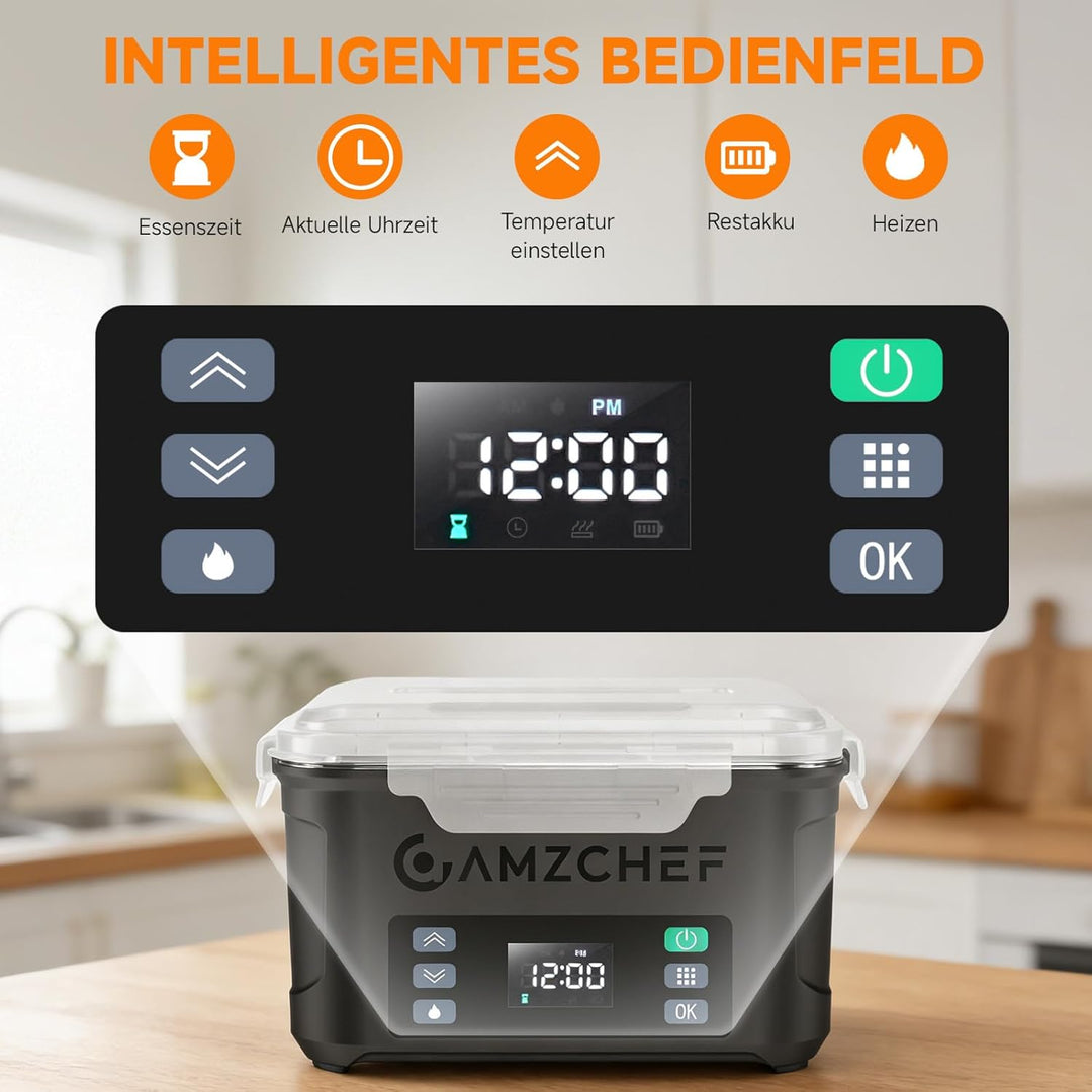 AMZCHEF Elektrische Lunchbox mit 27000 mAh Akku - Tragbare 1.5L Beheizbare Lunchbox mit 5-seitiger E