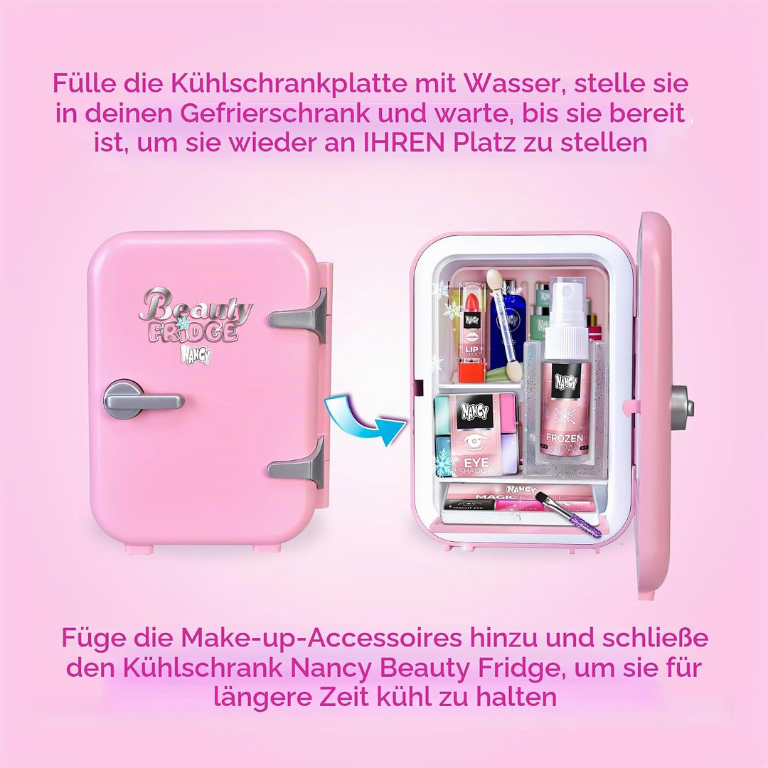 Nancy Beauty Fridge, Puppe, vorbereitet für eine Schönheitsroutine, Make-up-Zubehör mit Kühlschrank,