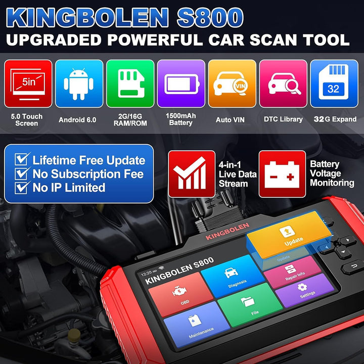 KINGBOLEN S800 OBD2 Diagnosegerät, KFZ-Codeleser Für 4 Systeme Motor/Getriebe/ABS/SRS Und 15 Zurücks