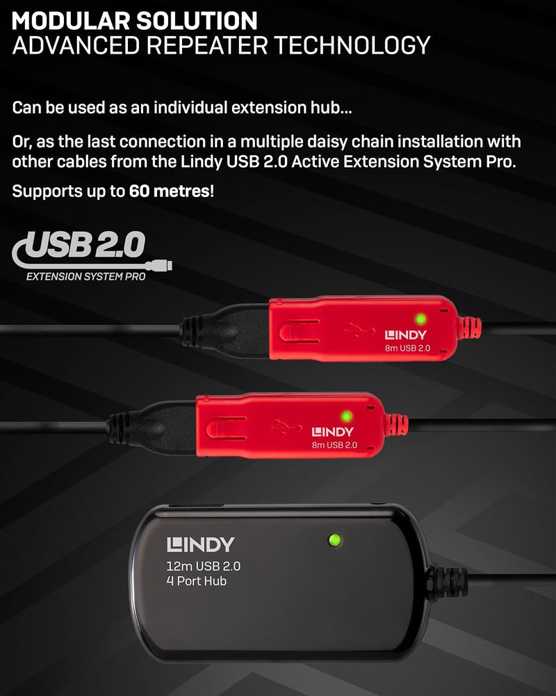 LINDY USB 2.0 Aktiv-Verlängerungs-Hub Pro - Kabel, 42783, Schwarz