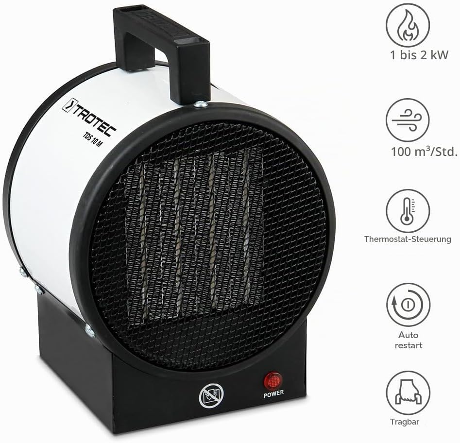 TROTEC Bauheizer elektrisch TDS 10 M – Heizleistung 1 kW / 2 kW – Elektroheizer Luftmenge 100 m³/h –