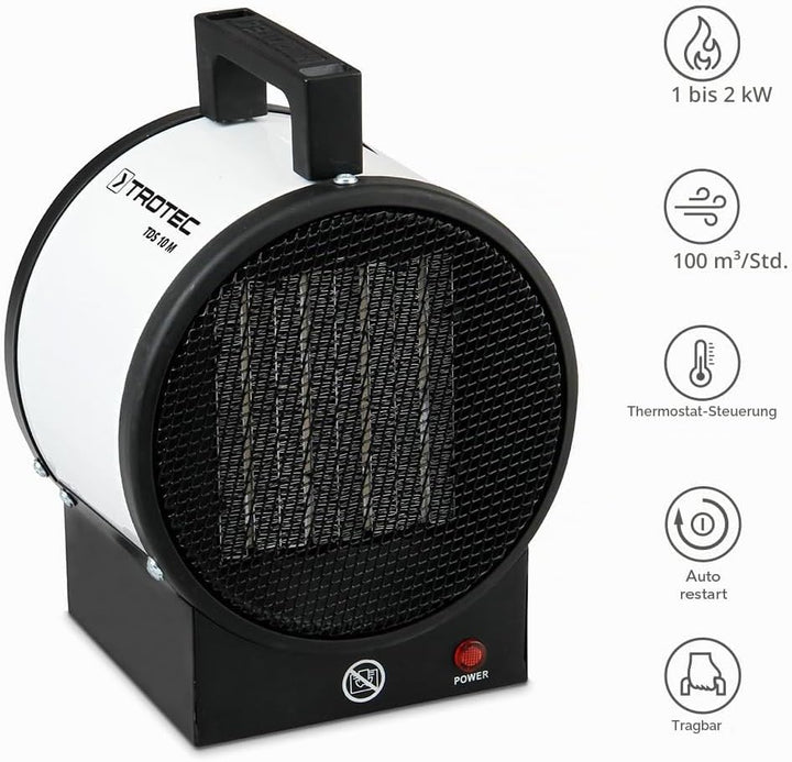 TROTEC Bauheizer elektrisch TDS 10 M – Heizleistung 1 kW / 2 kW – Elektroheizer Luftmenge 100 m³/h –