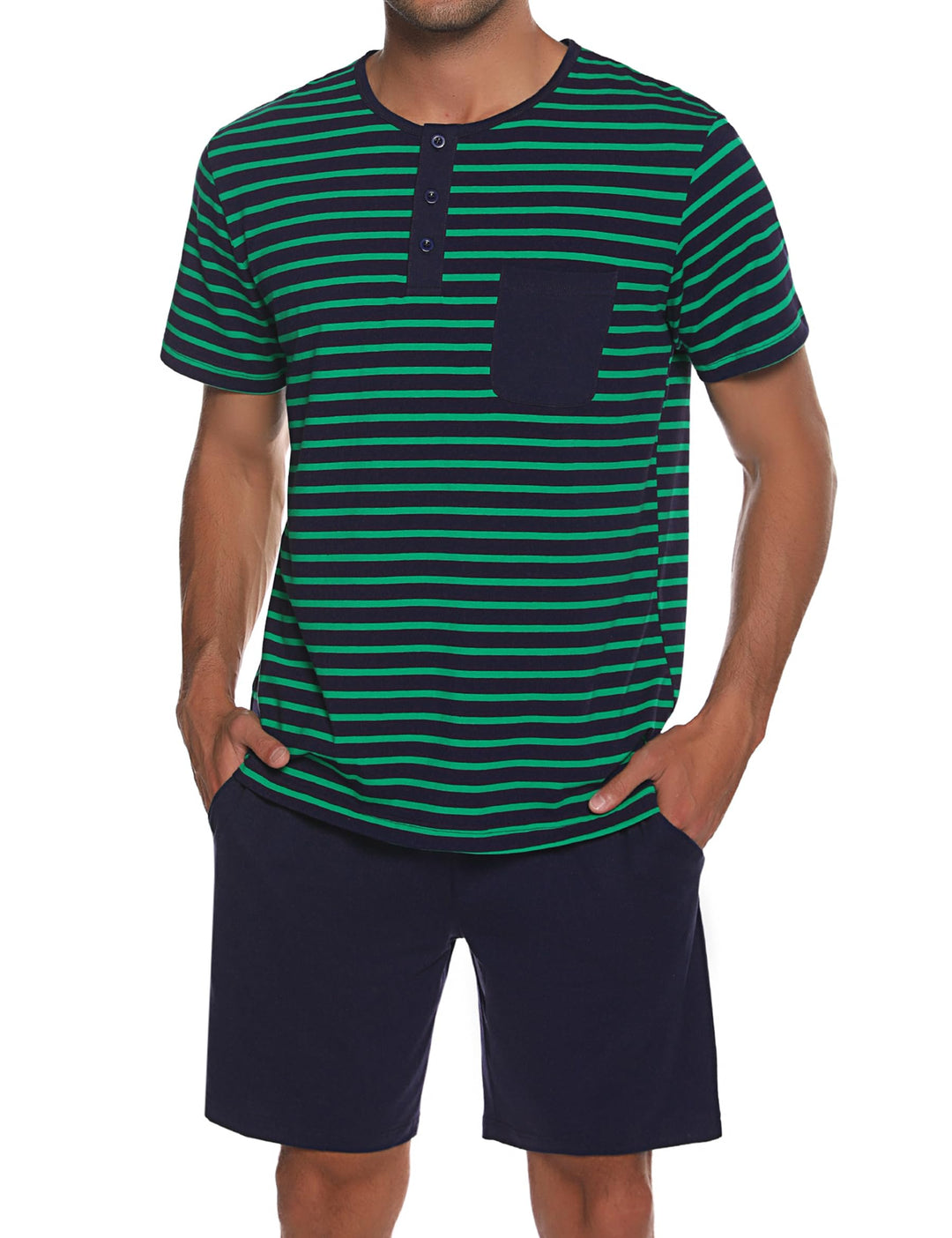 Schlafanzug Herren Kurz aus Baumwolle mit Kontraststreifen Design, Sommer Pyjama Set Oberteile und K