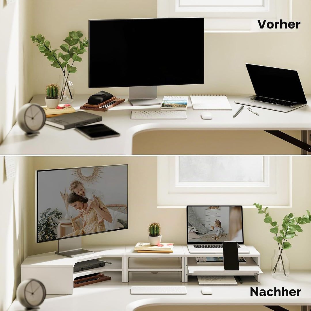 Fenge Monitorständer 3 in 1, Dual Monitor Stand mit Schublade und Ausziehbarem Tablett, L-Förmiger E