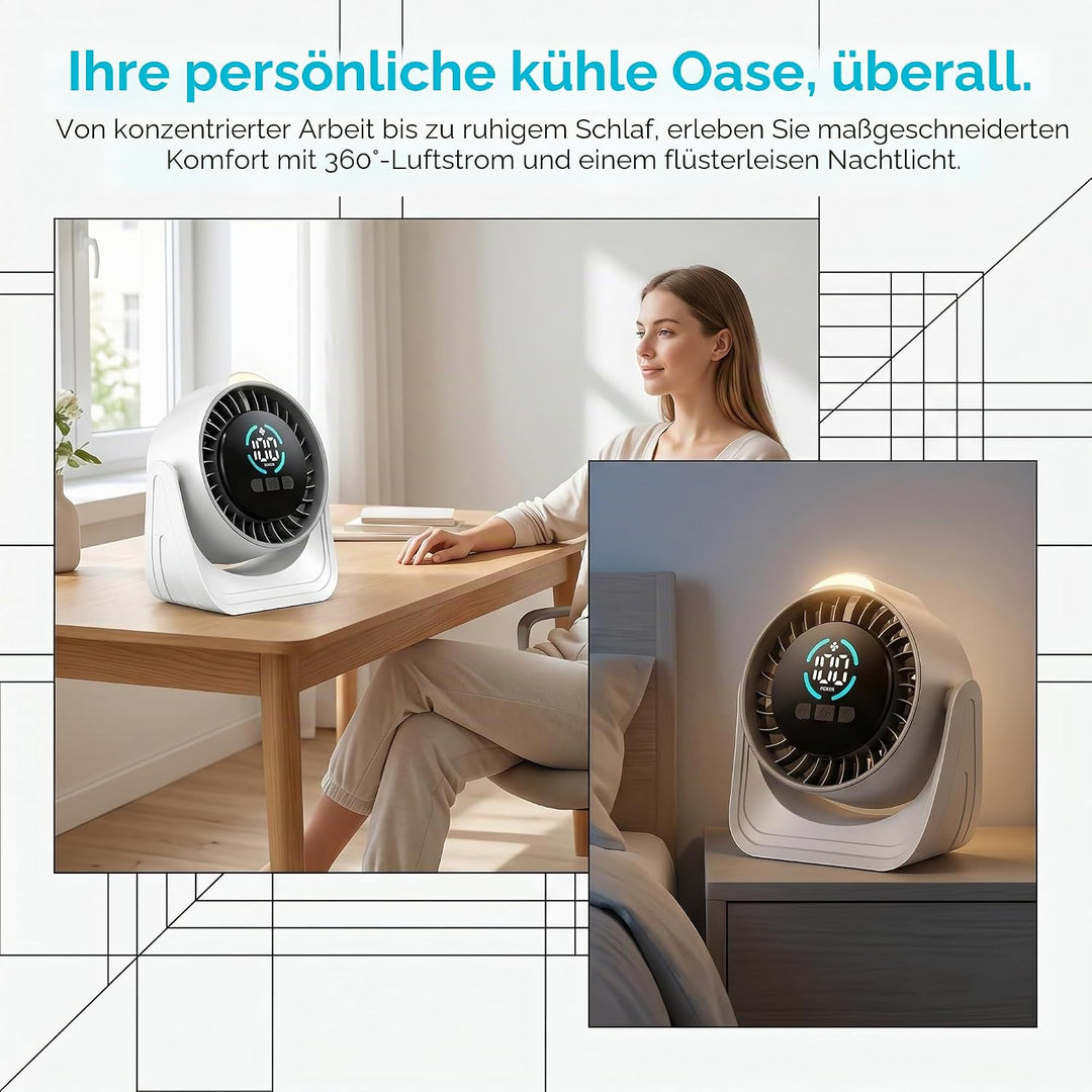 Tischventilator, Camping Ventilator, Tragbarer Turbo-Ventilator mit Lampe &amp; Display, 100 Stufen Stuf