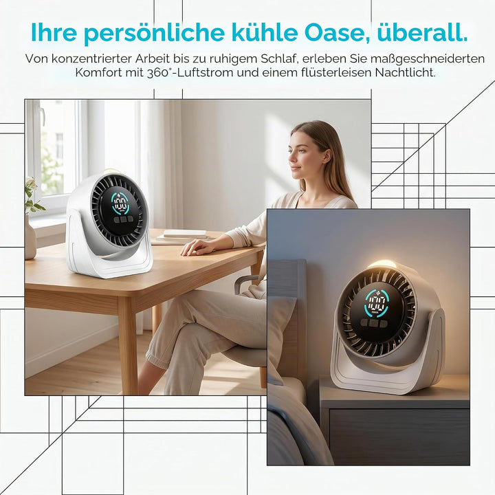 Tischventilator, Camping Ventilator, Tragbarer Turbo-Ventilator mit Lampe &amp; Display, 100 Stufen Stuf