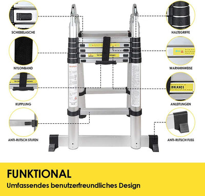 Randaco 5M Teleskopleiter Klappleiter Aluminium, Mehrzweckleiter Teleskopleiter Ausziehbar Leiter Kl