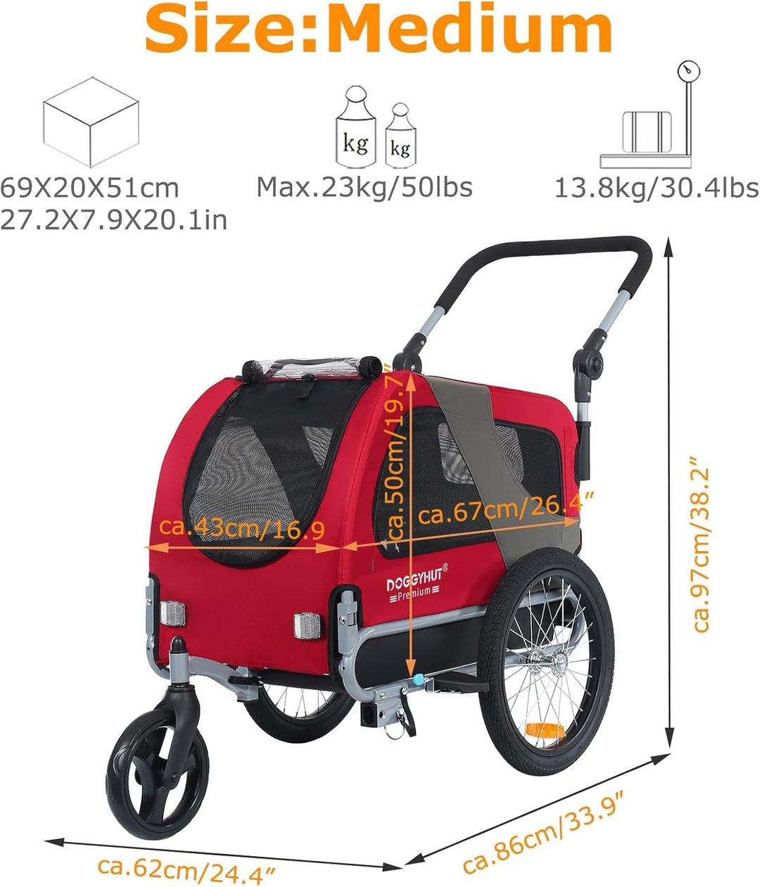 DOGGYHUT® Premium MEDIUM Hundefahrradanhänger & Jogger 2in1 Fahrradanhänger 80104 (Rot)