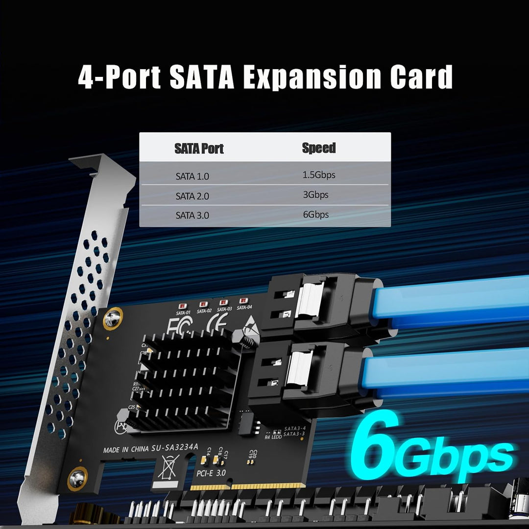GLOTRENDS SA3234-C 4-Port PCIe X4 SATA Erweiterungskarte mit SATA- und Stromkabeln, kompatibel mit W