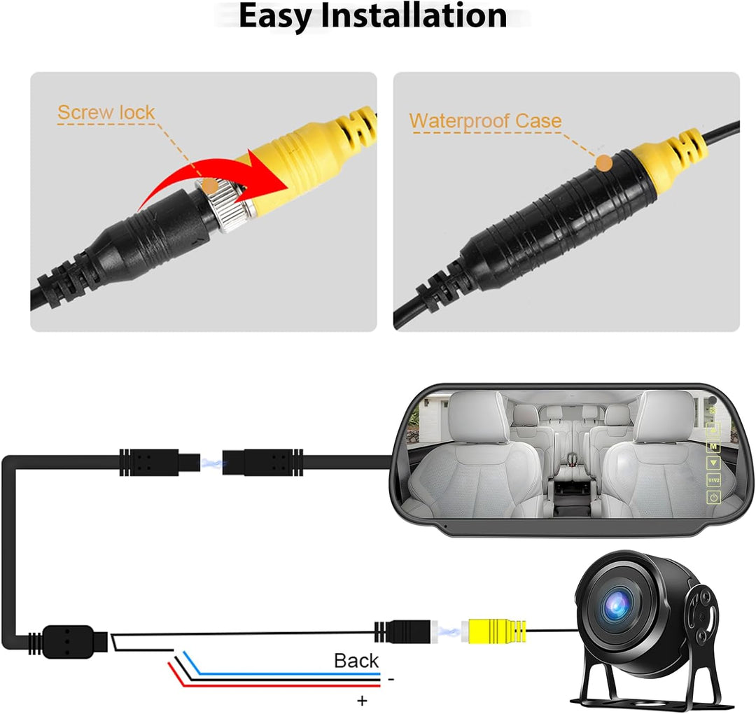 CAMECHO Rückfahrkamera Set mit 7 Zoll LCD Spiegel Dashcam,1080P Rückfahrkamera mit IP69 Wasserdicht