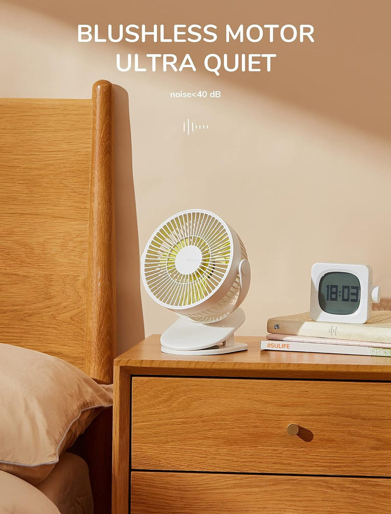 JISULIFE Mini USB Ventilator, Clip Akku Tischventilator Sehr Leise Klein mit 4000mAh Batterie, 4 Ges