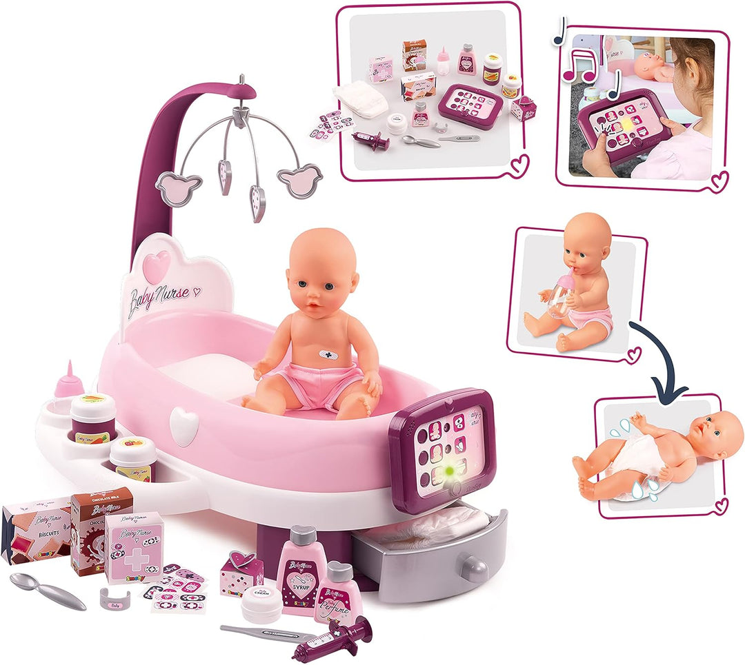 Smoby - Baby Nurse elektronische Puppenpflege-Station - Puppenbett mit Mobile, elektronisches Bedien