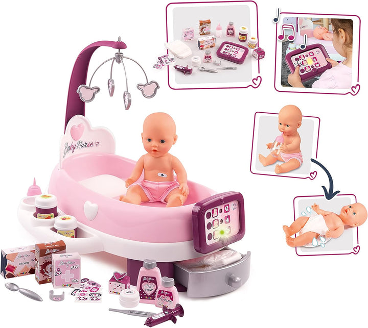 Smoby - Baby Nurse elektronische Puppenpflege-Station - Puppenbett mit Mobile, elektronisches Bedien