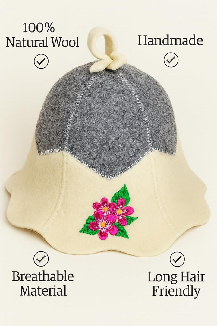 Saunahut Blume aus 100% Wollfilz, bestickt, zum Schutz des Kopfes vor Hitze